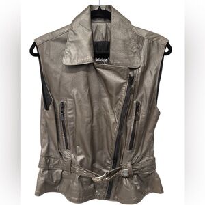 Vintage Patricia Wolf Leather Metallic Sleeveless Moto Vest w/ Decorative Belt.